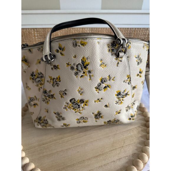 Coach Floral Pebbled Leather Satchel, Yellow & Gray Print - Picture 3 of 11